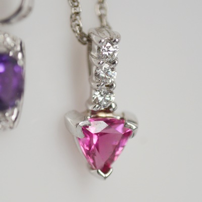 14K White Gold Amethyst and Diamond Pendant and 14K White Gold Pink Tourmaline and Diamond Pendant Necklace