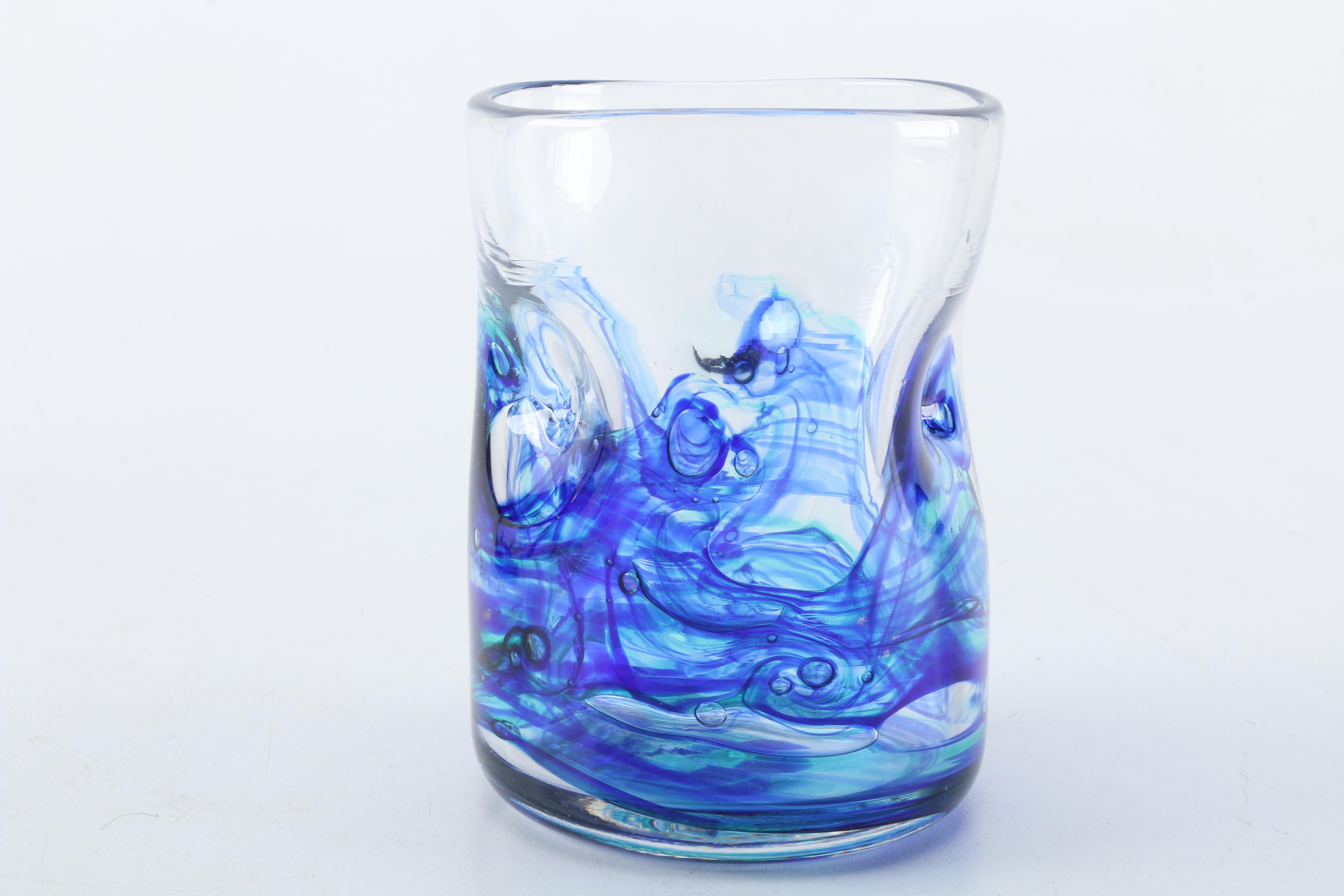 Handblown Blue Swirled Art Glass Cups