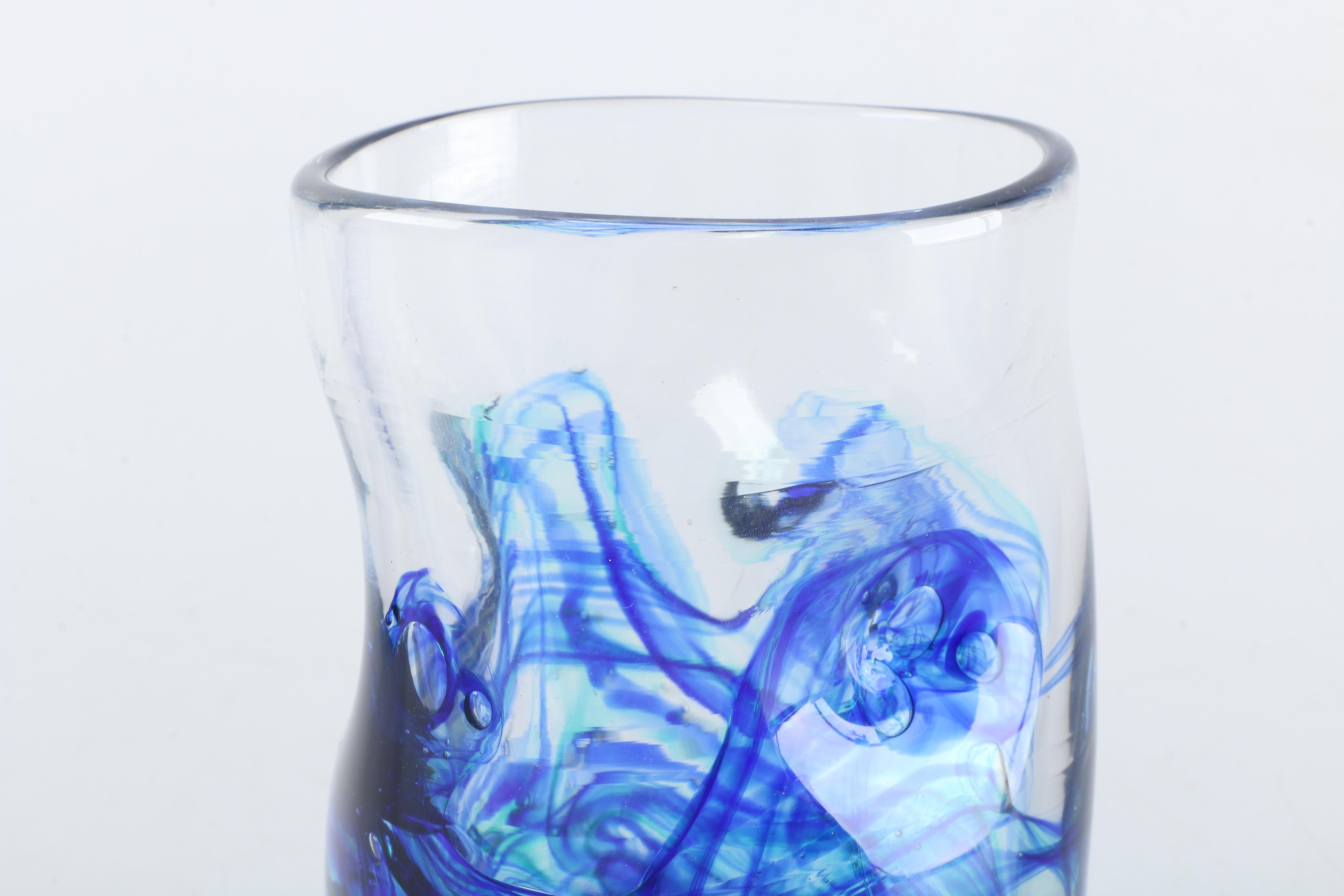 Handblown Blue Swirled Art Glass Cups
