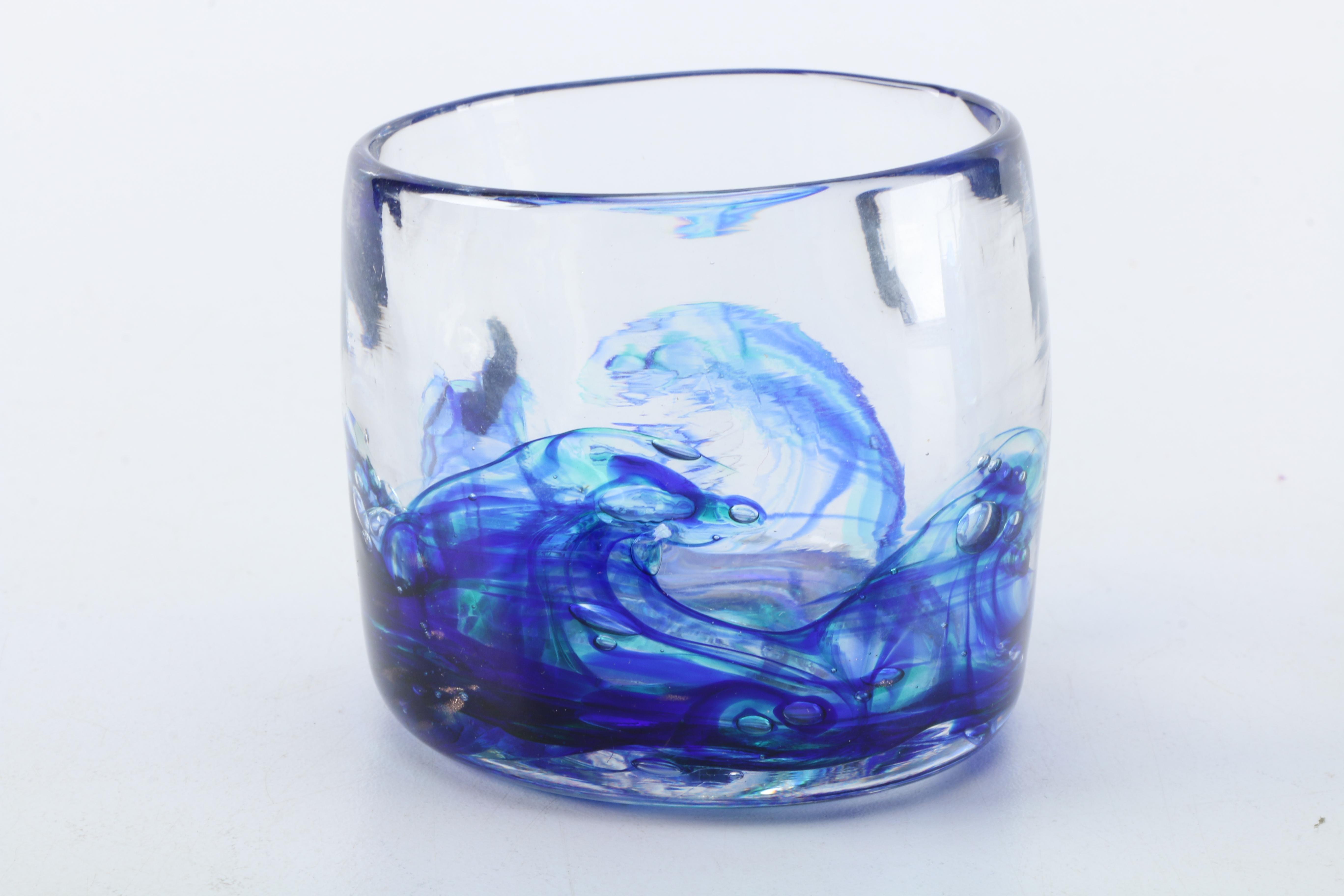 Handblown Blue Swirled Art Glass Cups