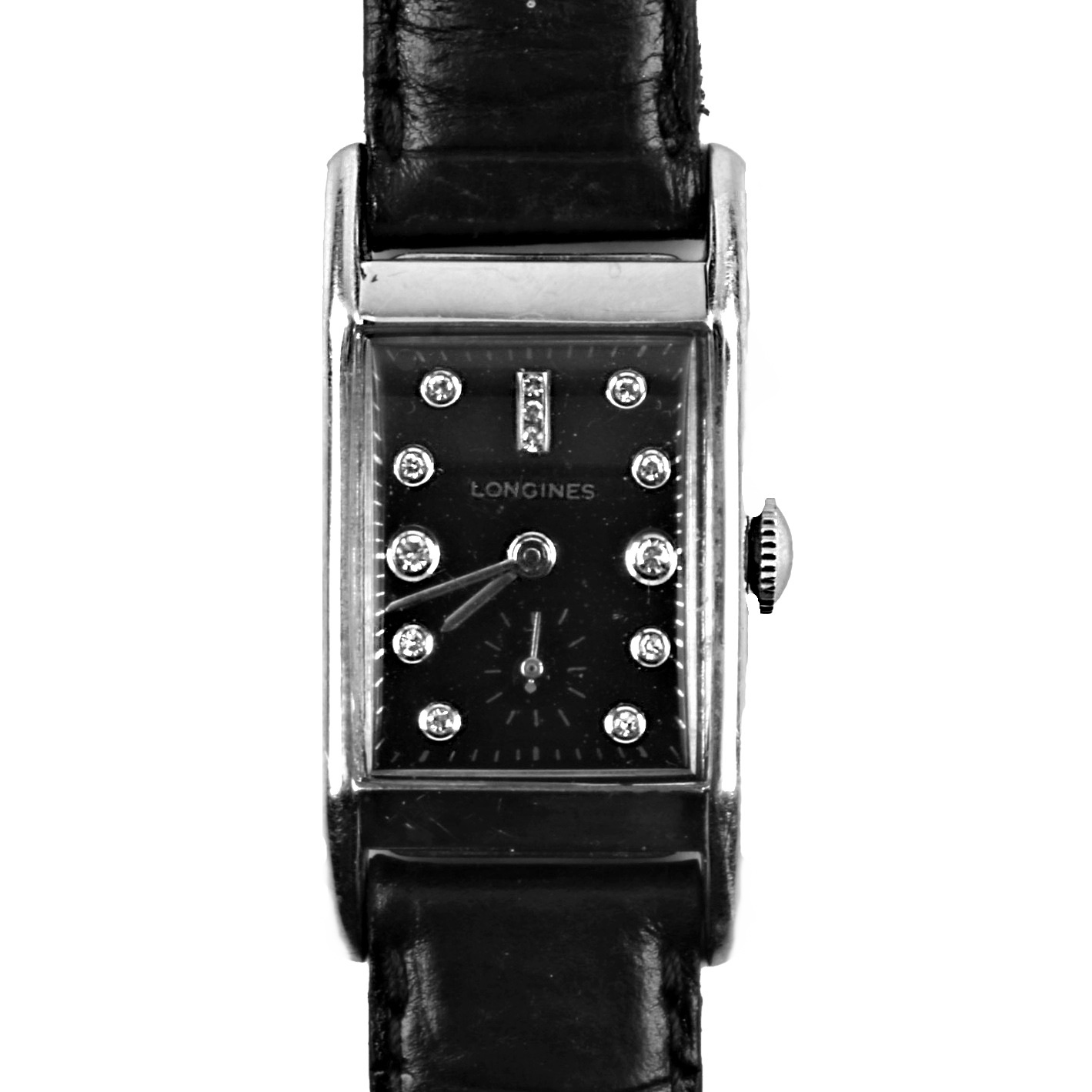 14K White Gold Longines Tank Style Watch with Diamonds