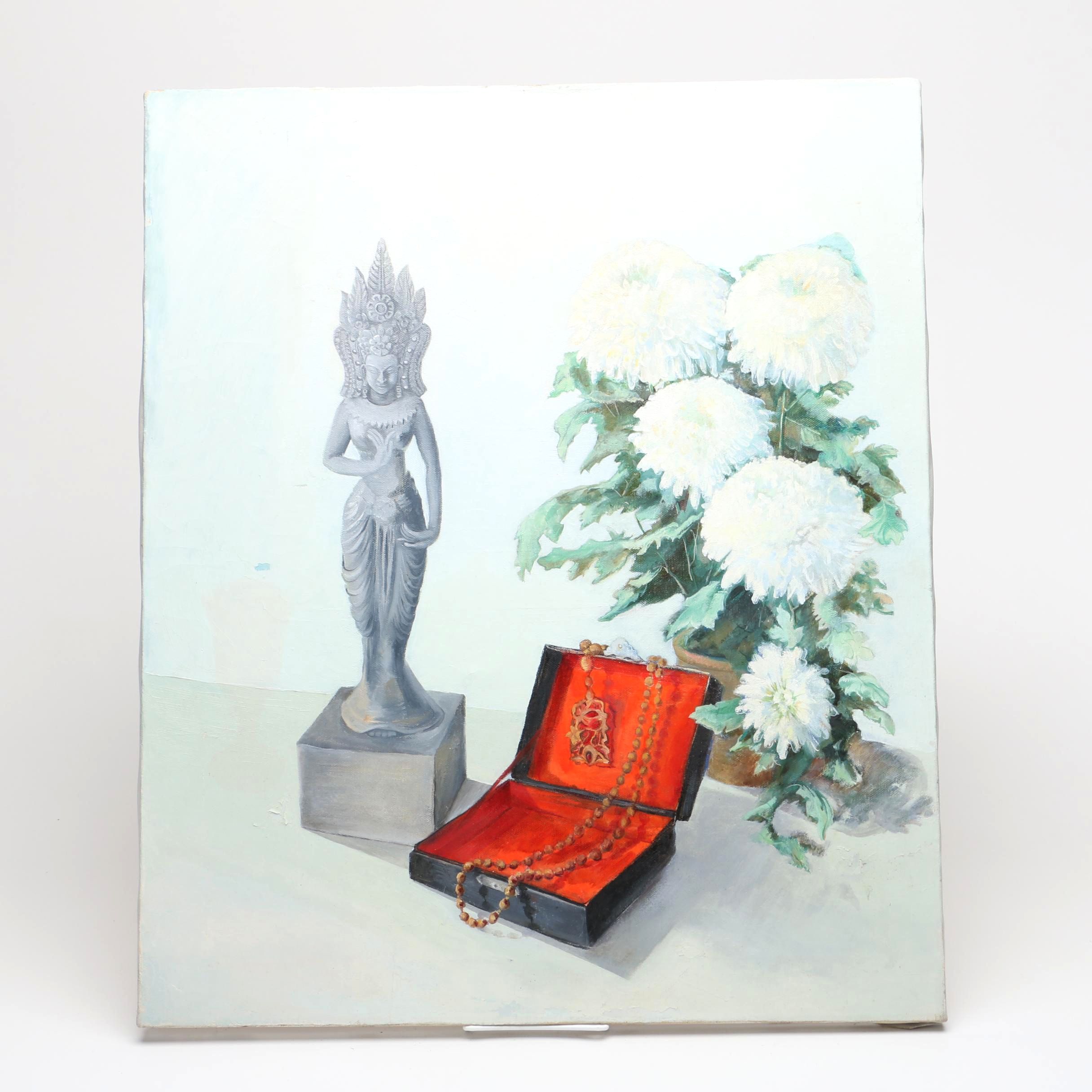 Oil Still Life on Stretched Canvas With Statue of Tara