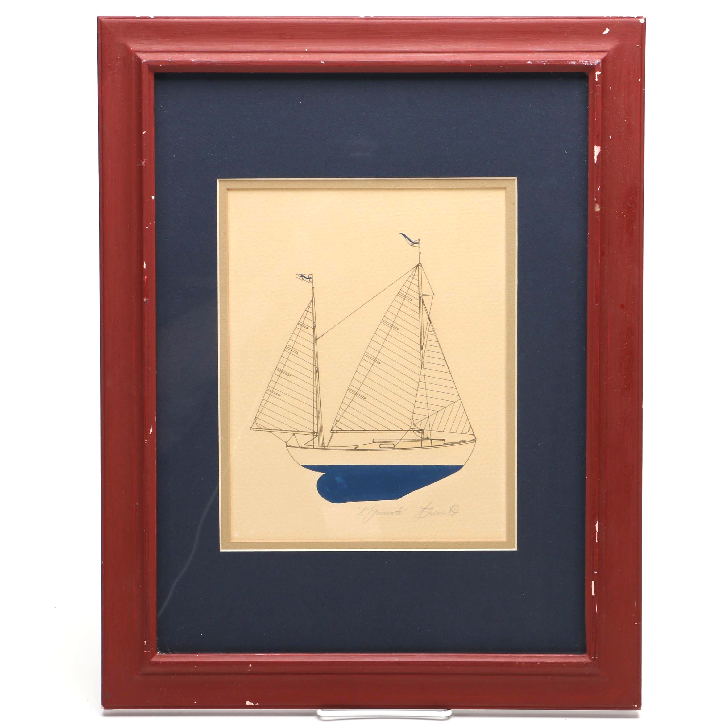Hand Colored Lithograph on Paper of Sailboat