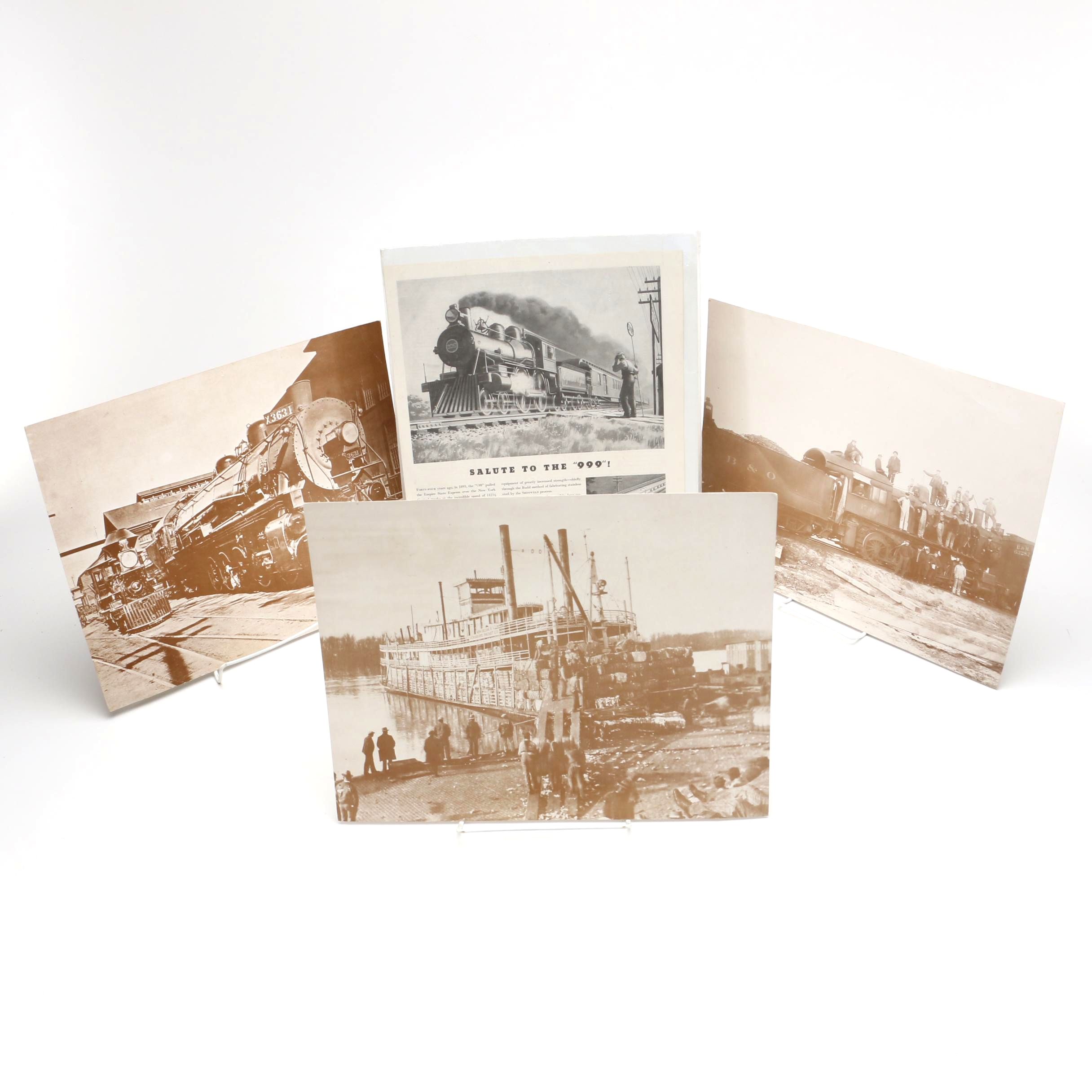 Sepia Tone Photographs of Trains and Steamboat