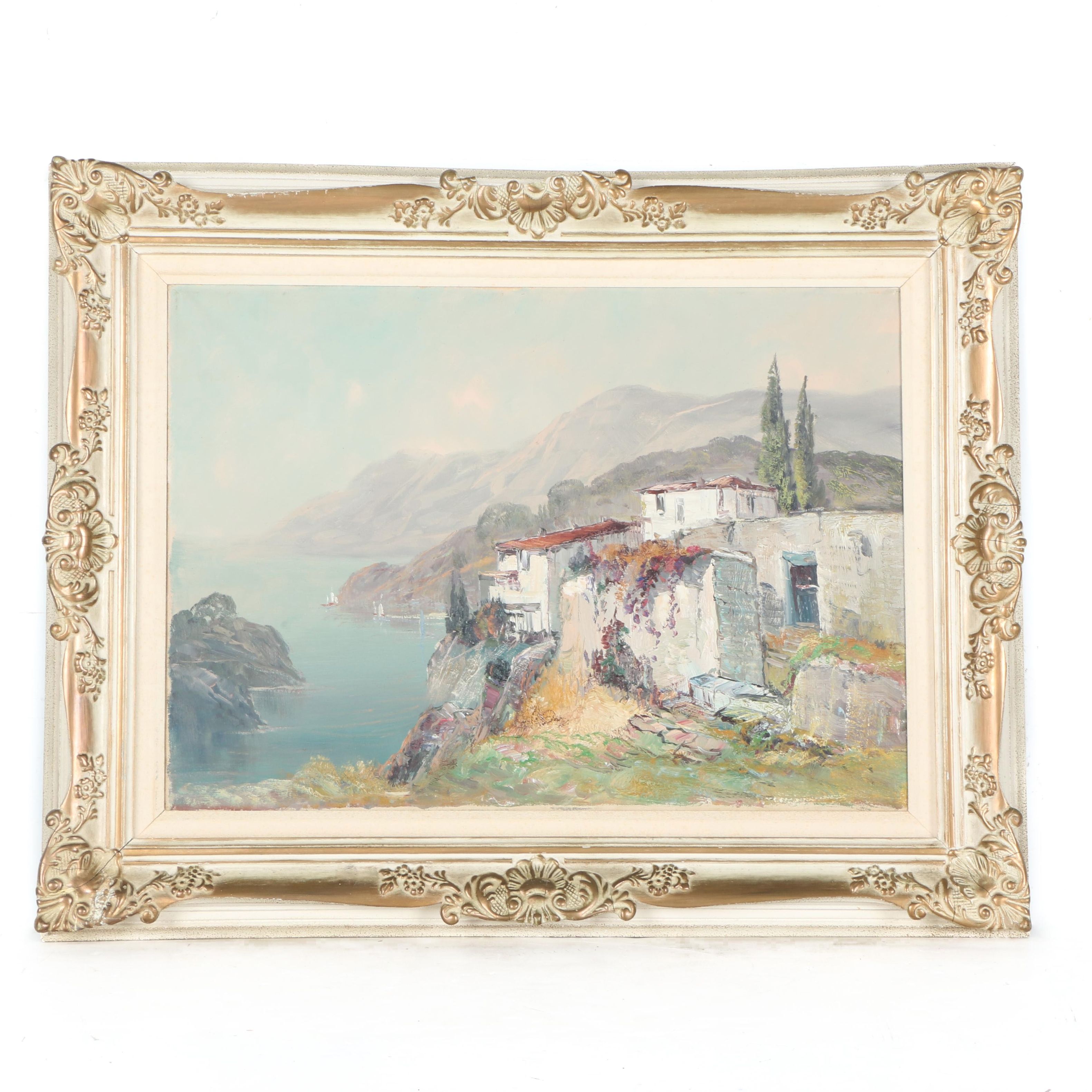 Framed Oil Painting on Canvas of Seaside Houses