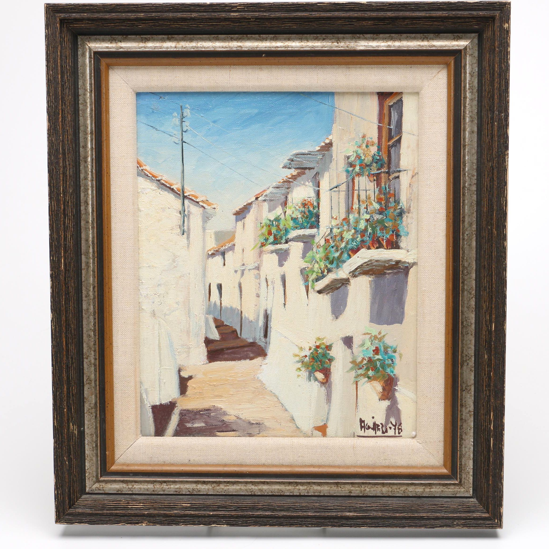 Framed Oil Painting on Canvas of an Alleyway