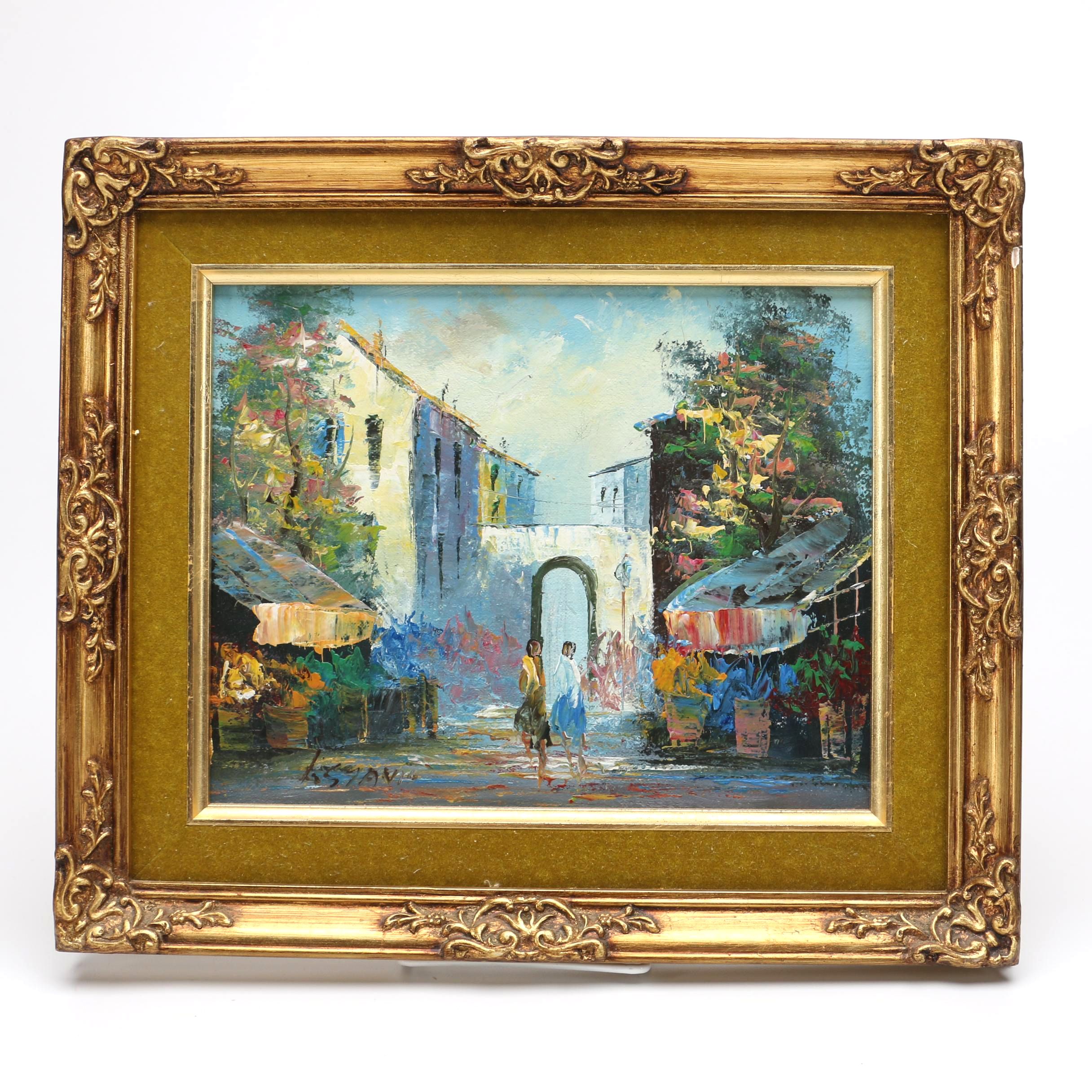 L. Stanis Acrylic on Wood Panel Painting of Townscape