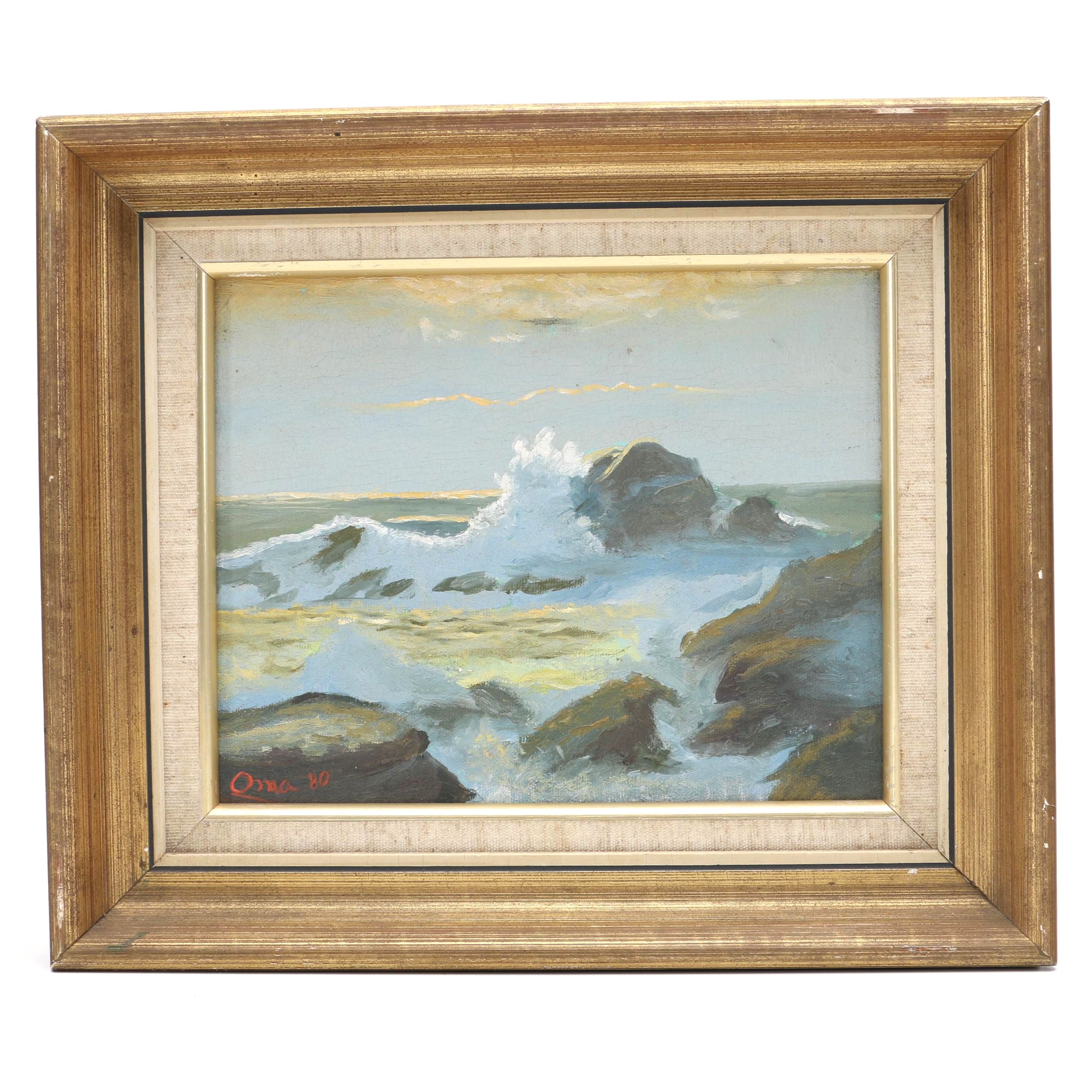 Vintage Oil on Canvas Painting of Waves Crashing on Rocks