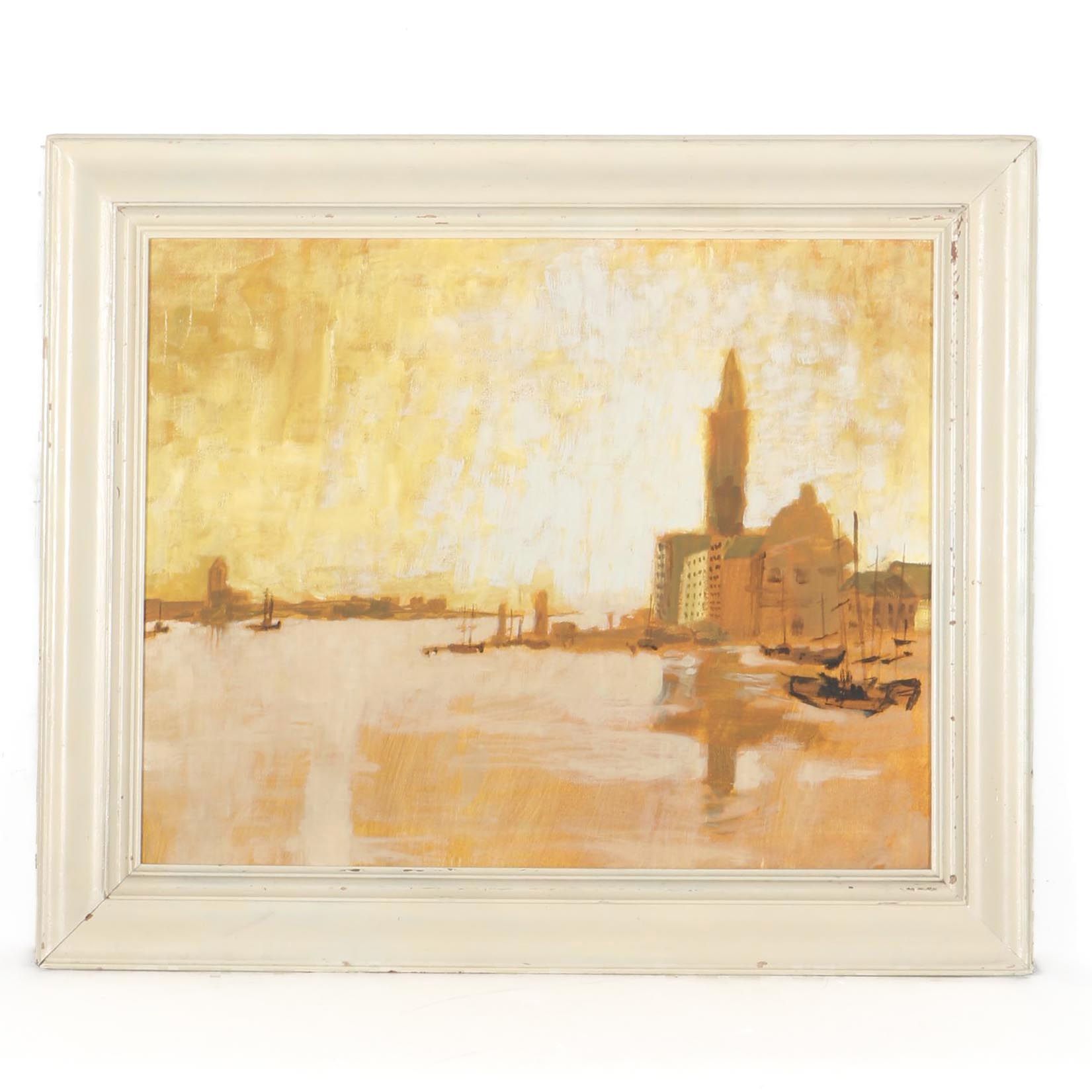 Framed Oil Painting of a Boat Filled Harbor