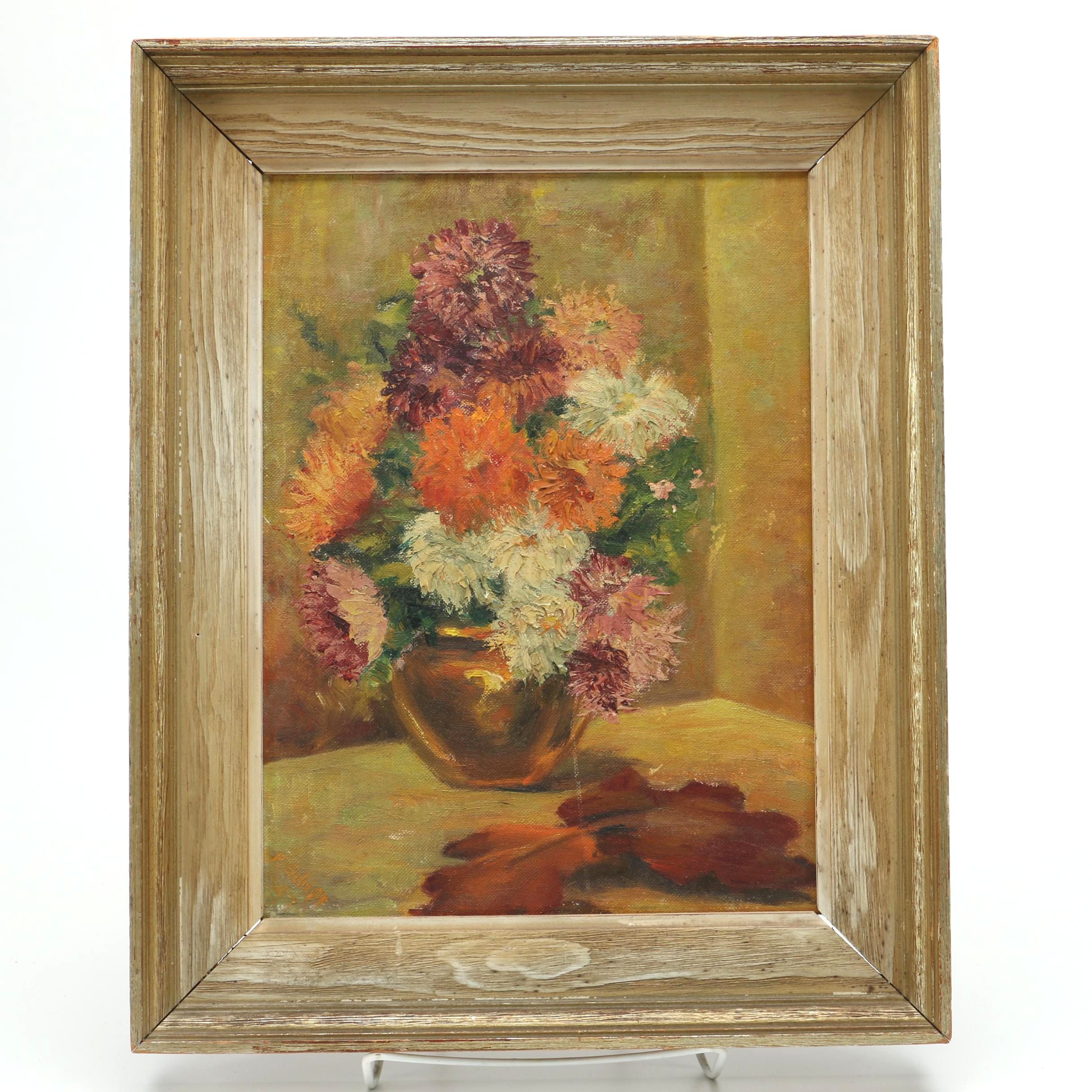1947 Friedrich Schiff Oil on Canvas Board "Still Life With Zinnias"