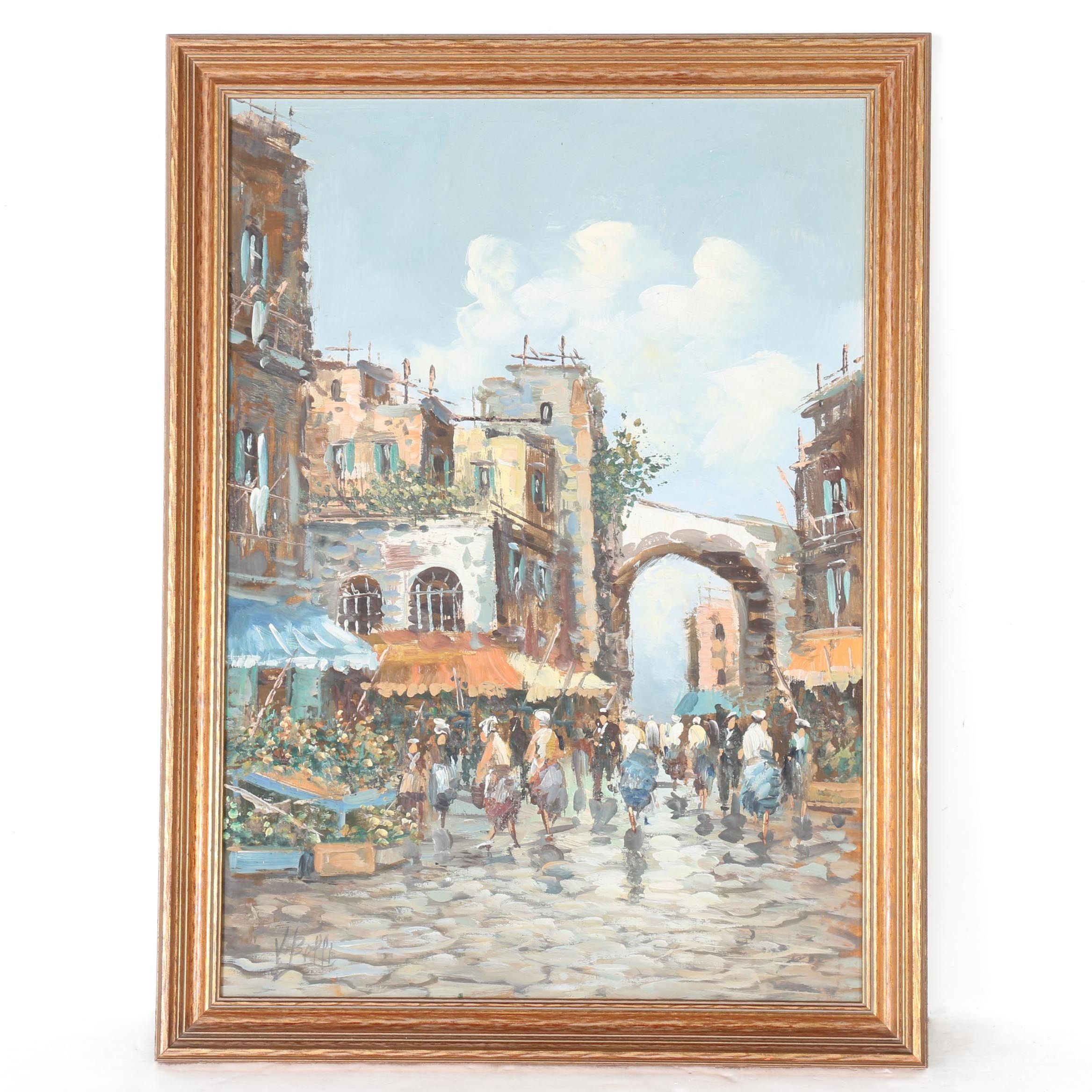 V. Belli Oil Painting of a Street Market