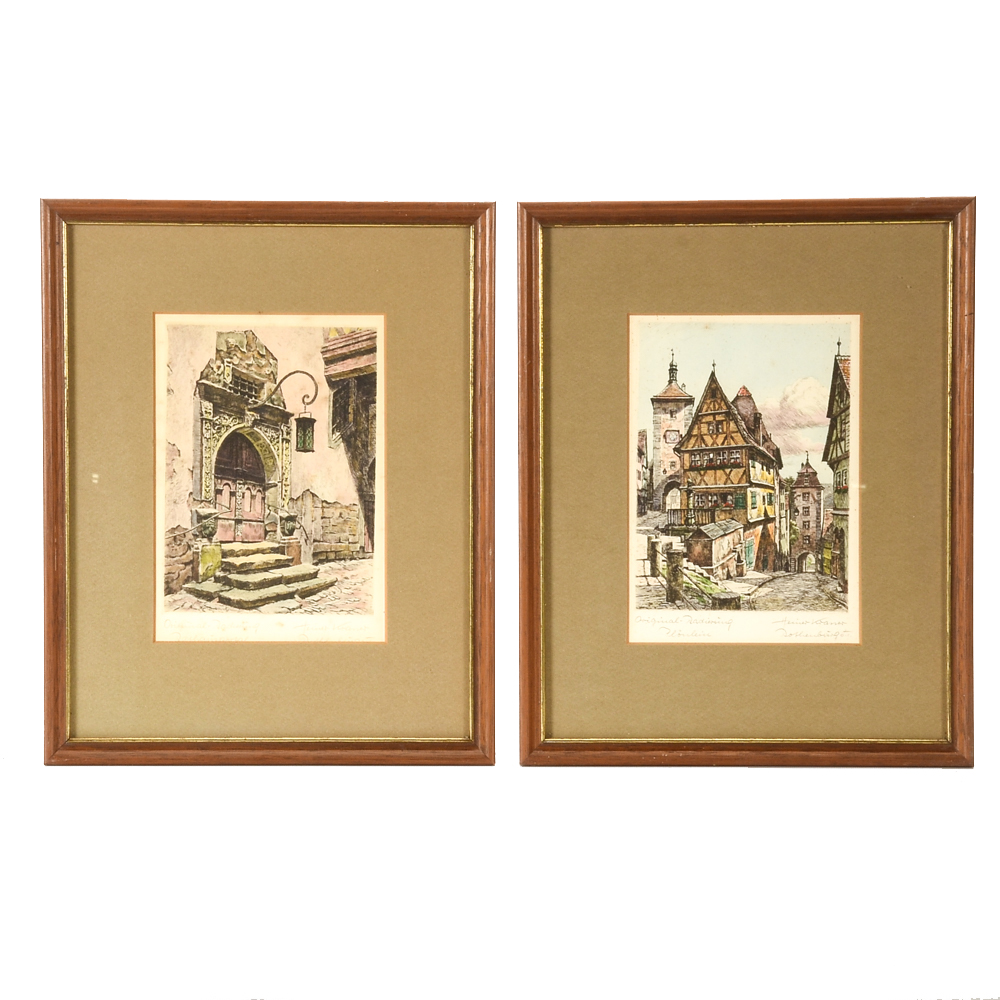 Pair of Heiner Kramer Original Hand-Colored Etchings