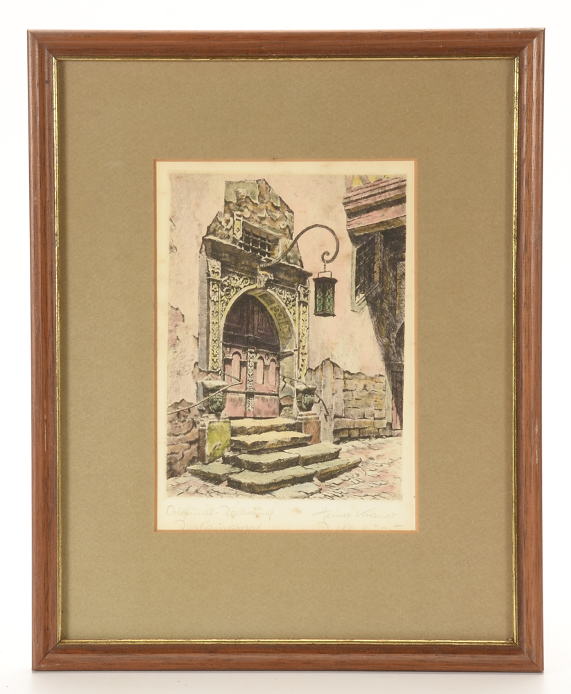 Pair of Heiner Kramer Original Hand-Colored Etchings