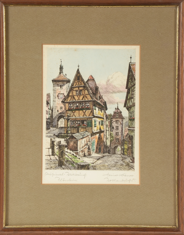 Pair of Heiner Kramer Original Hand-Colored Etchings