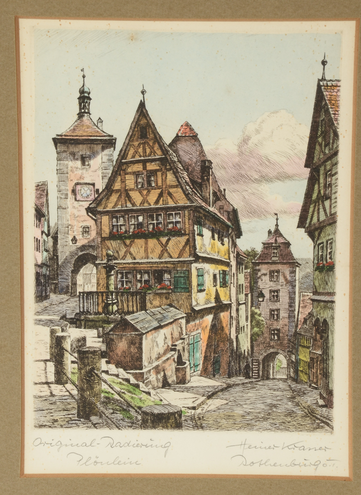 Pair of Heiner Kramer Original Hand-Colored Etchings