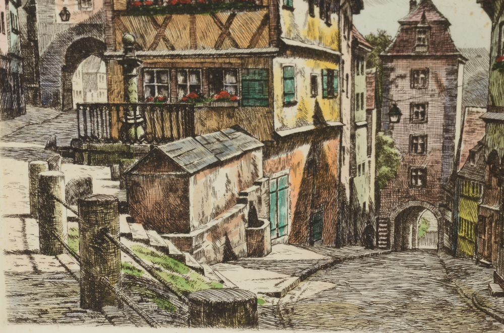 Pair of Heiner Kramer Original Hand-Colored Etchings