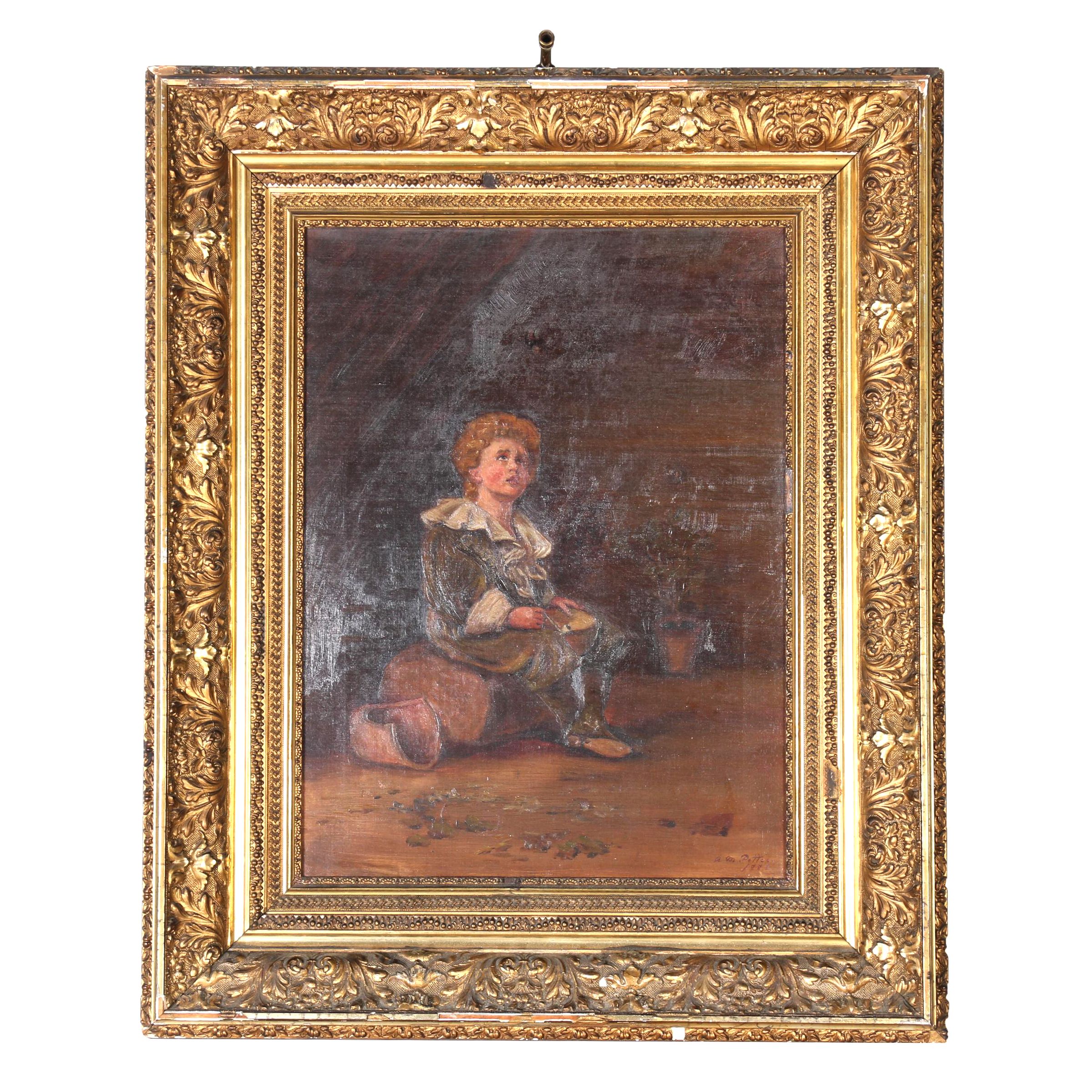 A. M. Pettec 1888 Oil Painting "Boy Blowing Bubbles"