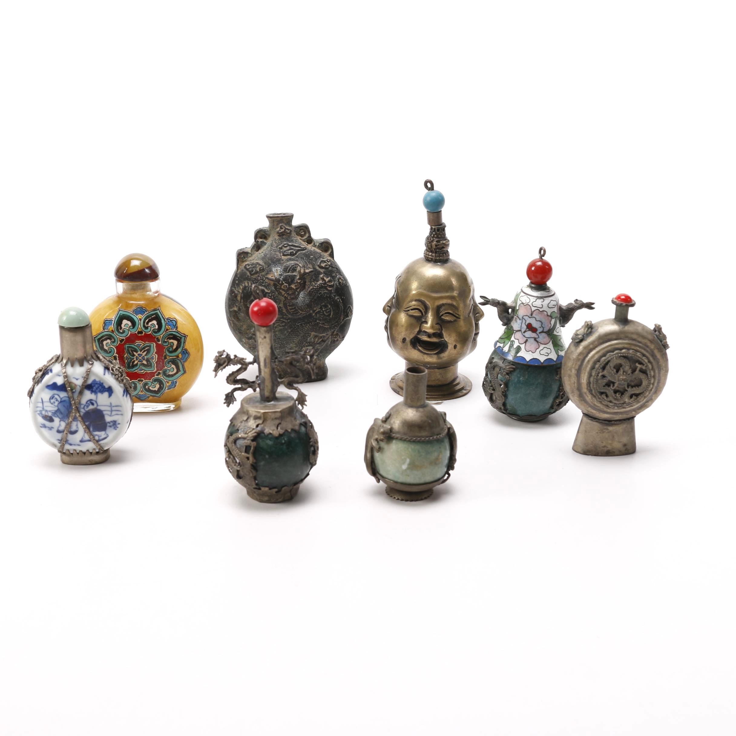 Collection of Chinese Snuff Bottles Including Soapstone and Coral