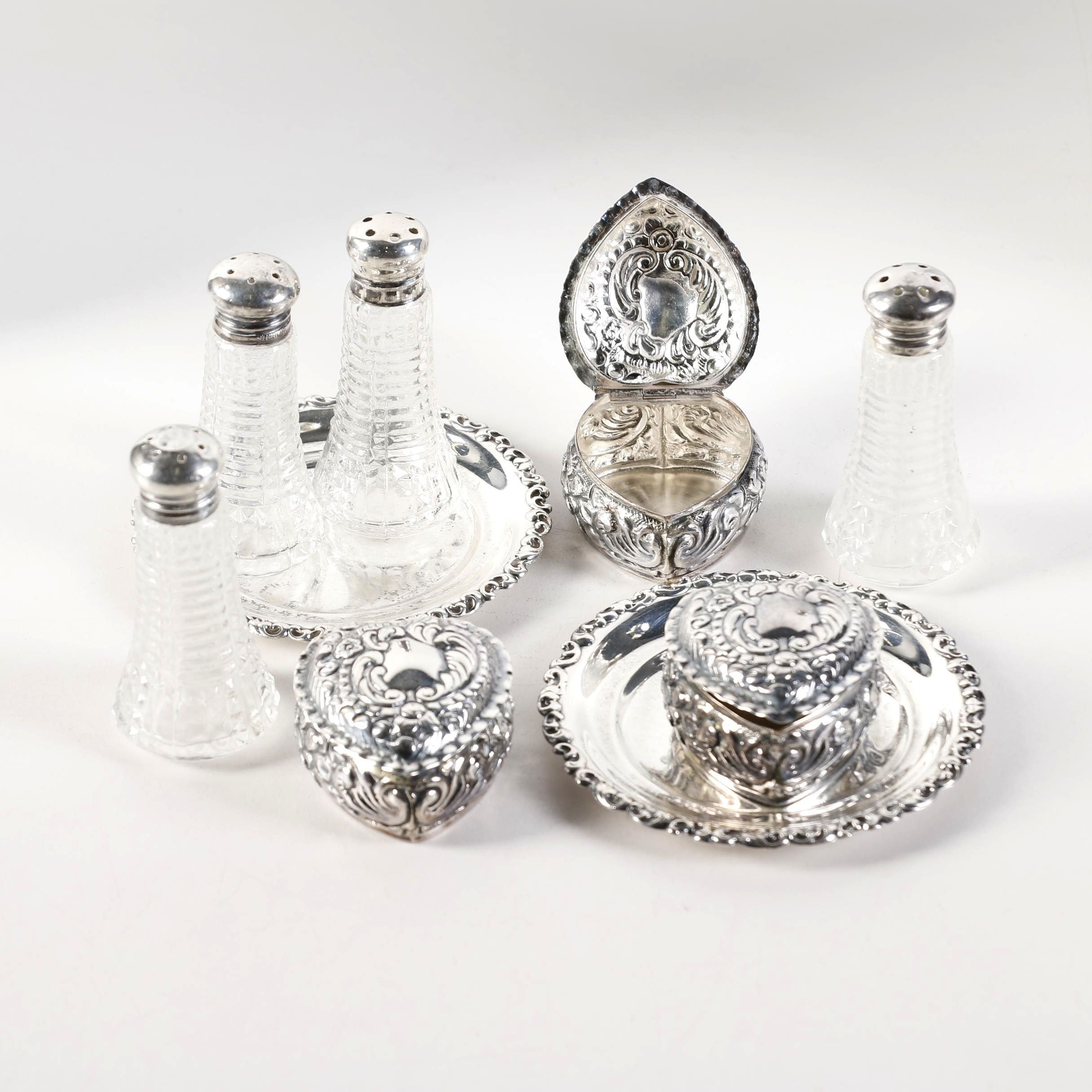 Sterling Silver Heart Shaped Trinket Boxes and Other Sterling