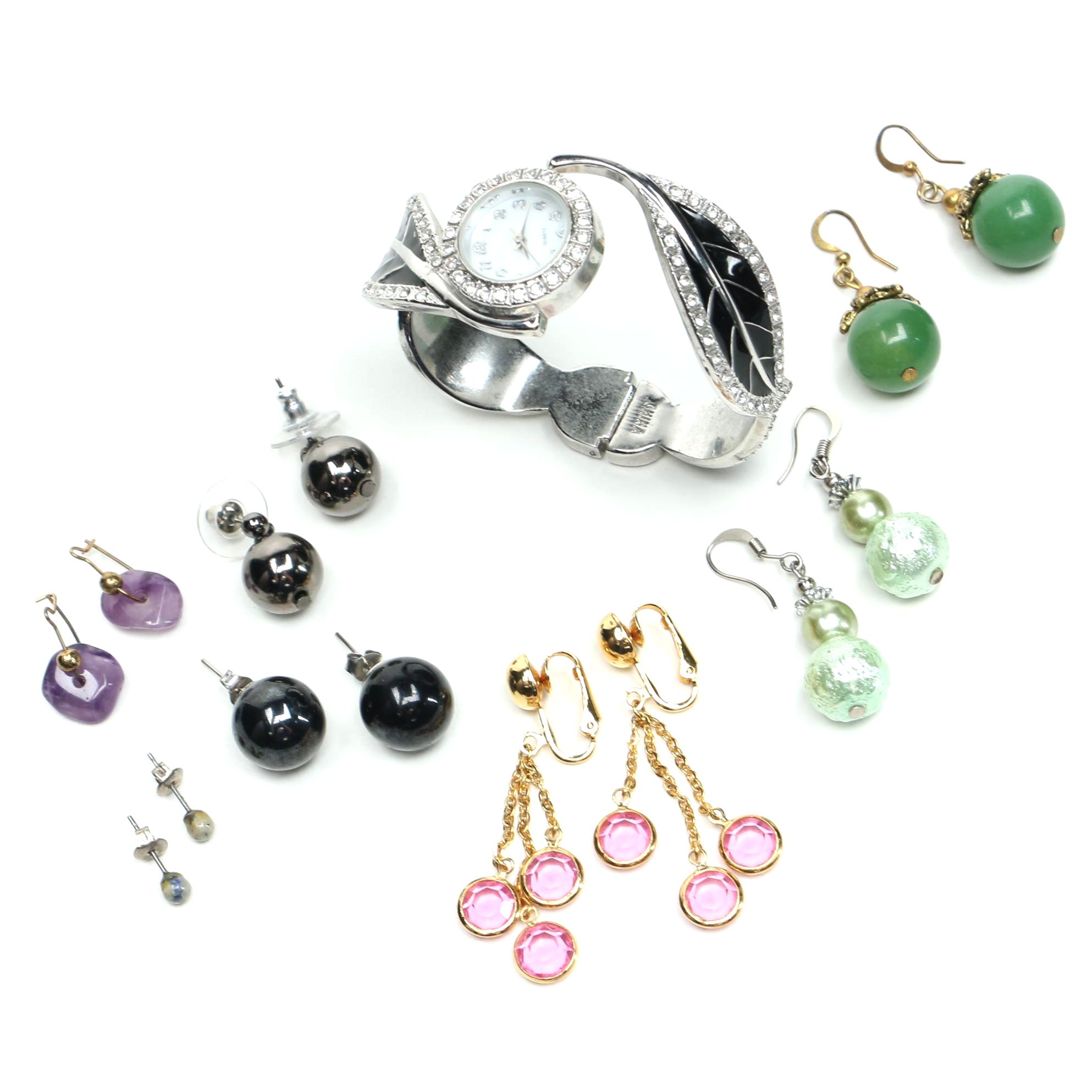 Enamel and Rhinestone Watch With Earrings