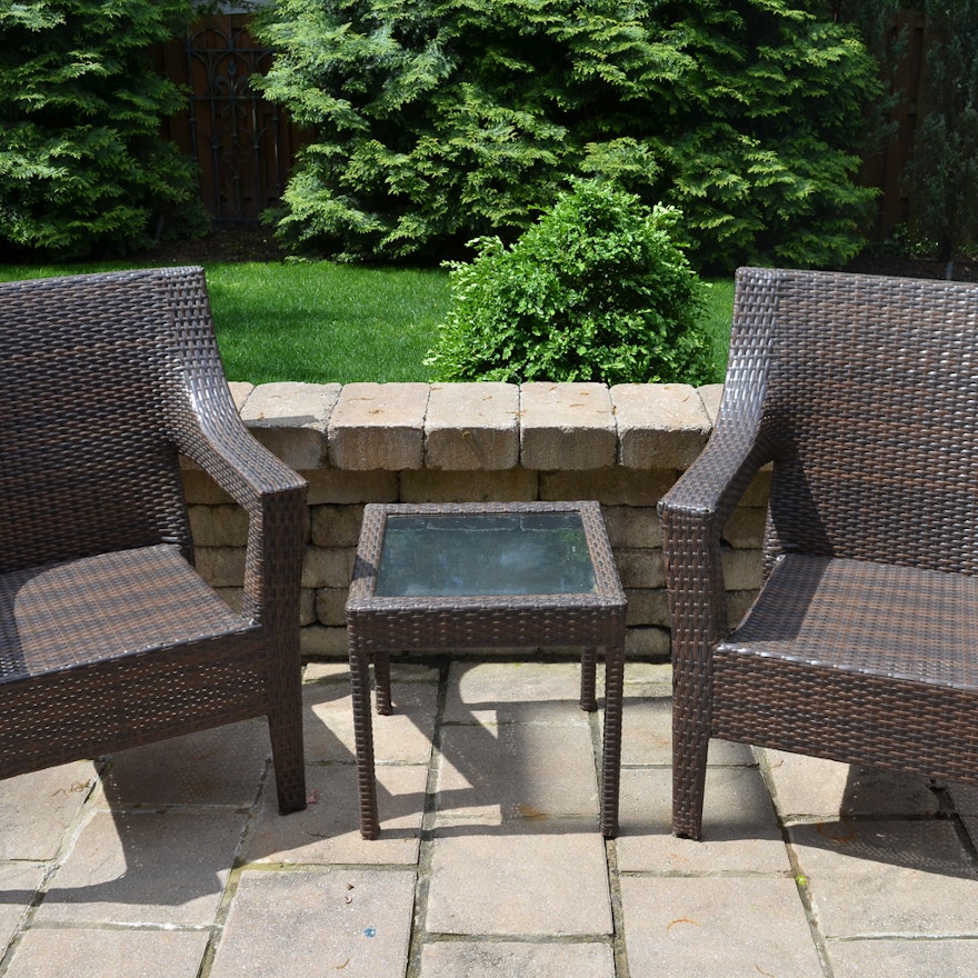 Pair of Woven Patio Chairs With Table