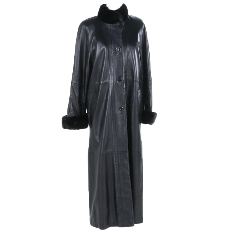 Chombert Black Leather and Mink Trim Coat