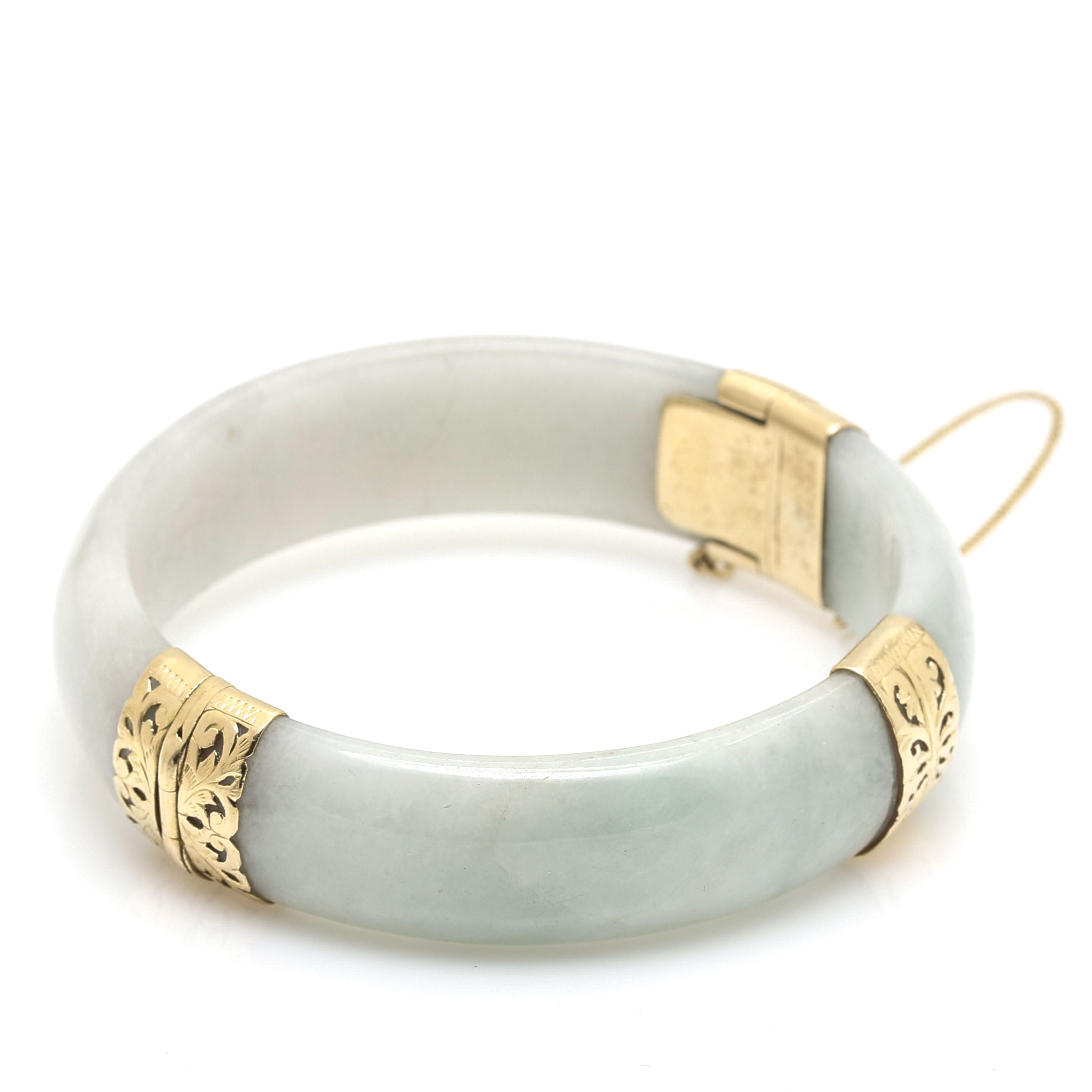 14K Yellow Carved Jadeite Hinged Bangle