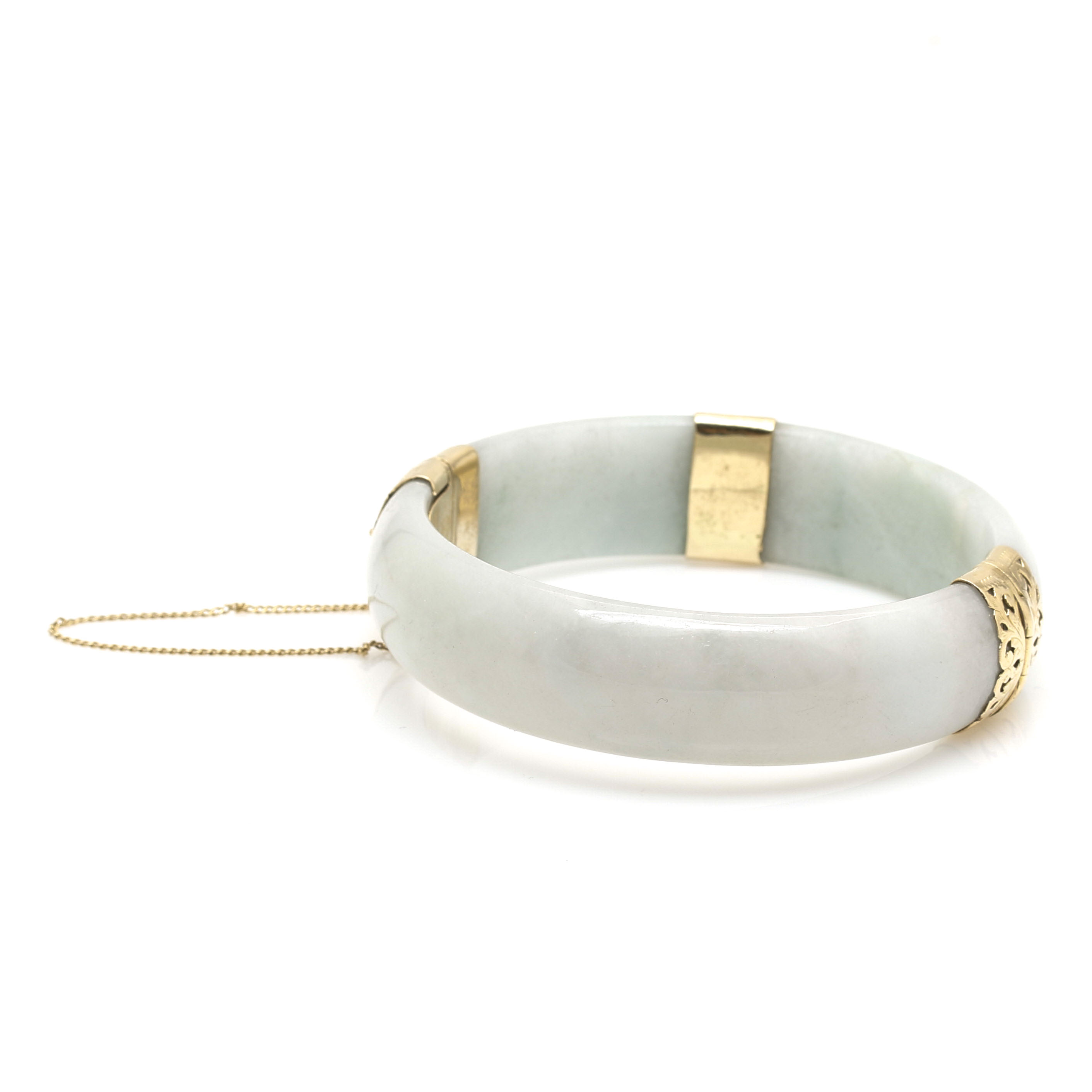 14K Yellow Carved Jadeite Hinged Bangle