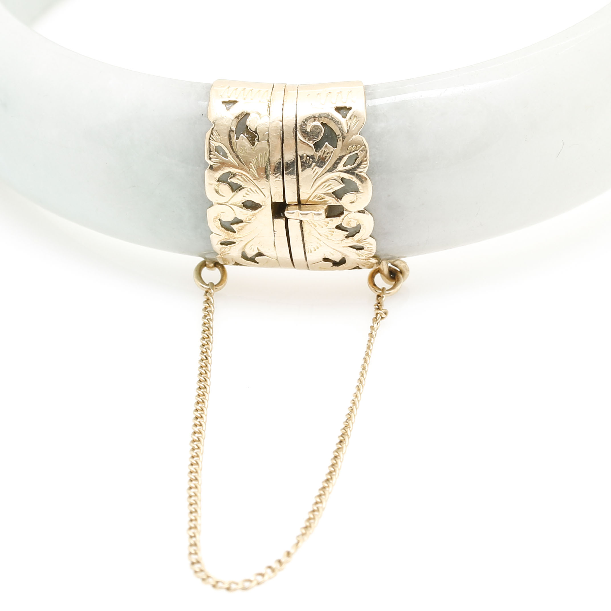 14K Yellow Carved Jadeite Hinged Bangle