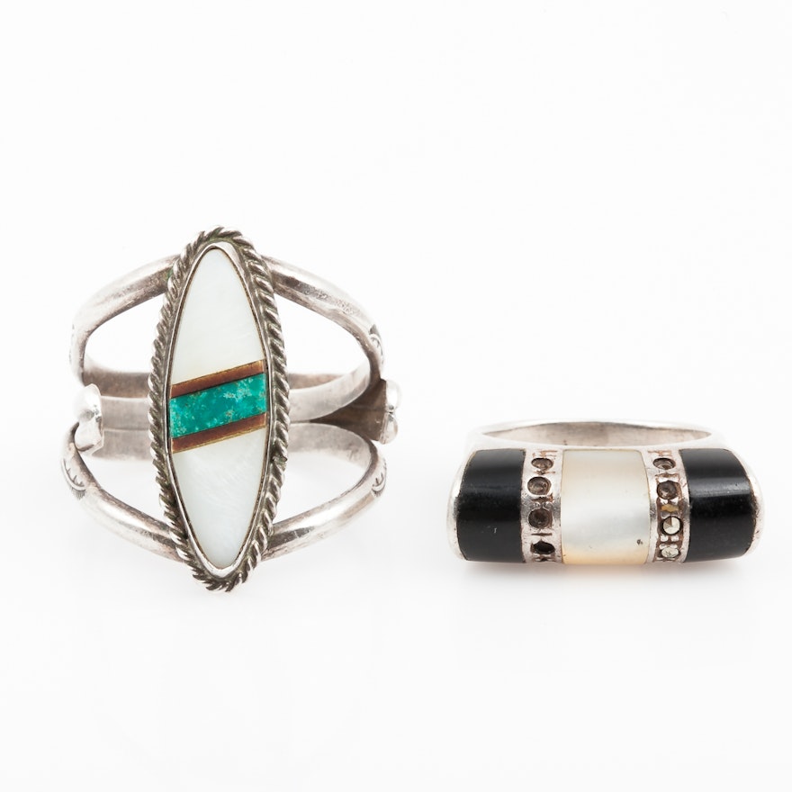 Sterling Silver Gemstone Inlay Rings With Zuni Bennie Bowekaty