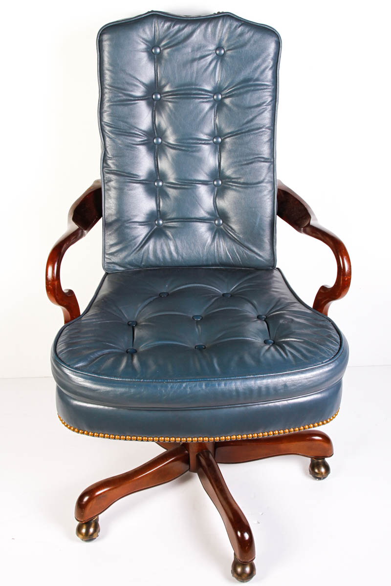 Queen Anne Style Blue Leather Office Chair