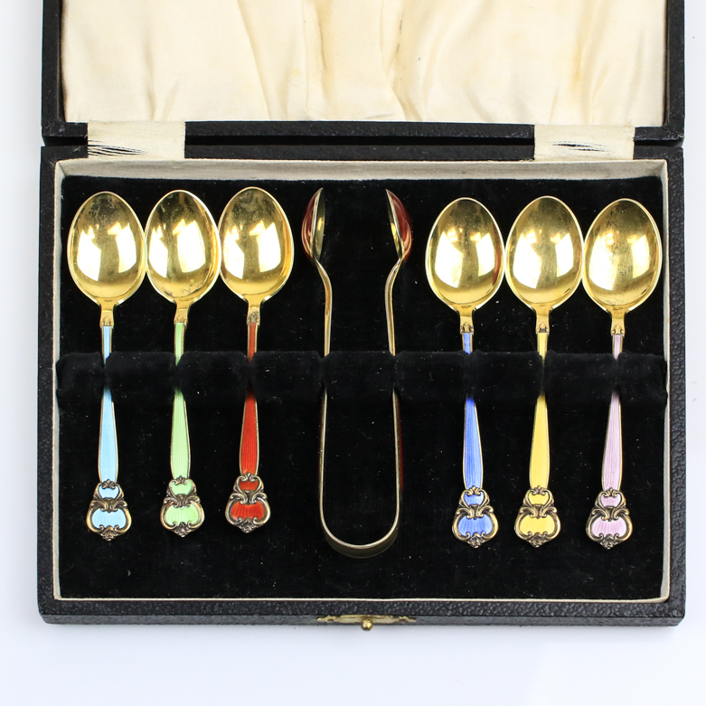Set of Vintage Vermeil and Enamel Demitasse Spoons and Tongs