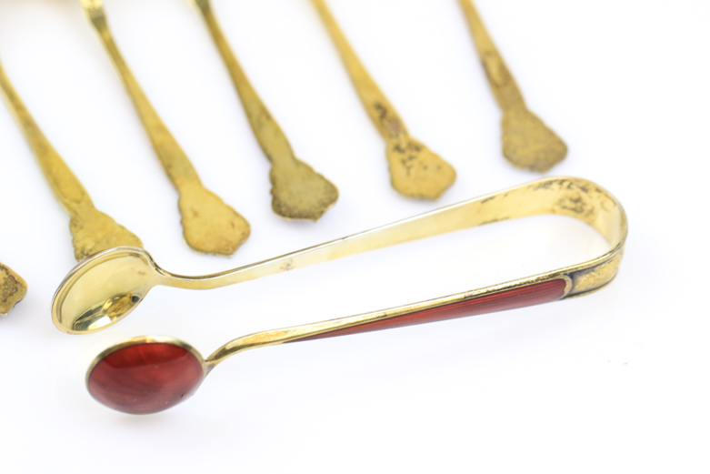 Set of Vintage Vermeil and Enamel Demitasse Spoons and Tongs