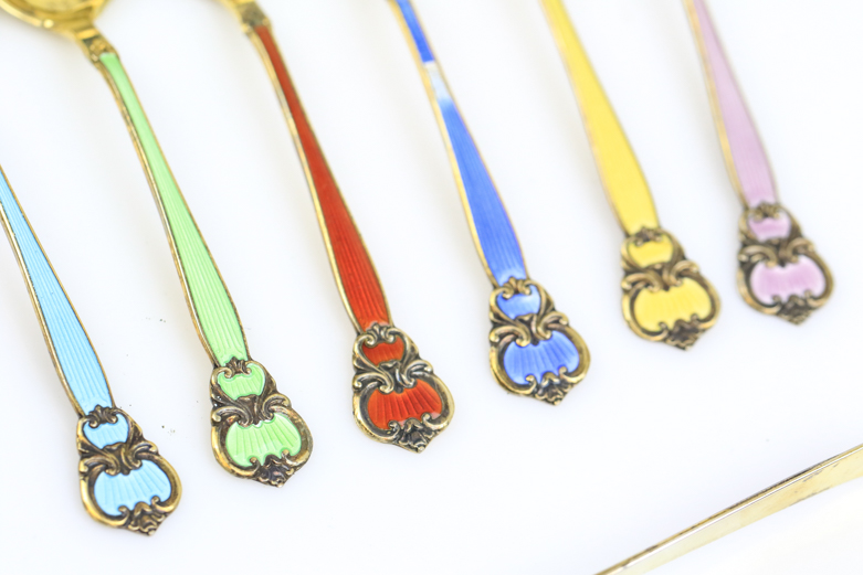 Set of Vintage Vermeil and Enamel Demitasse Spoons and Tongs