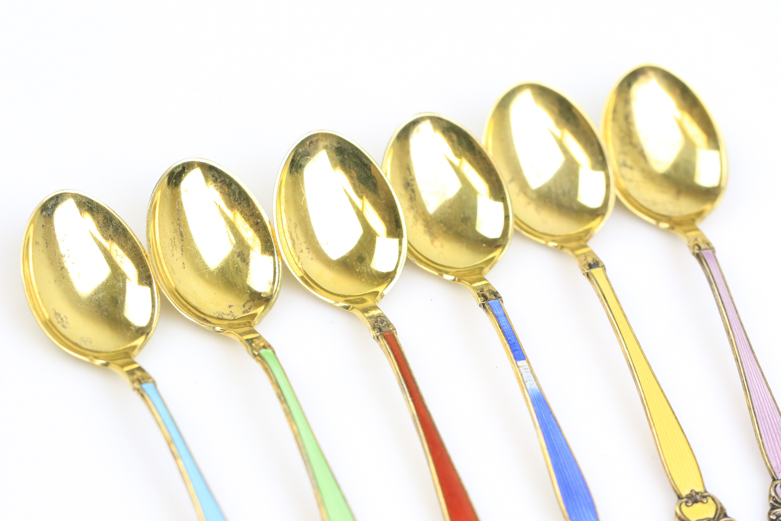 Set of Vintage Vermeil and Enamel Demitasse Spoons and Tongs