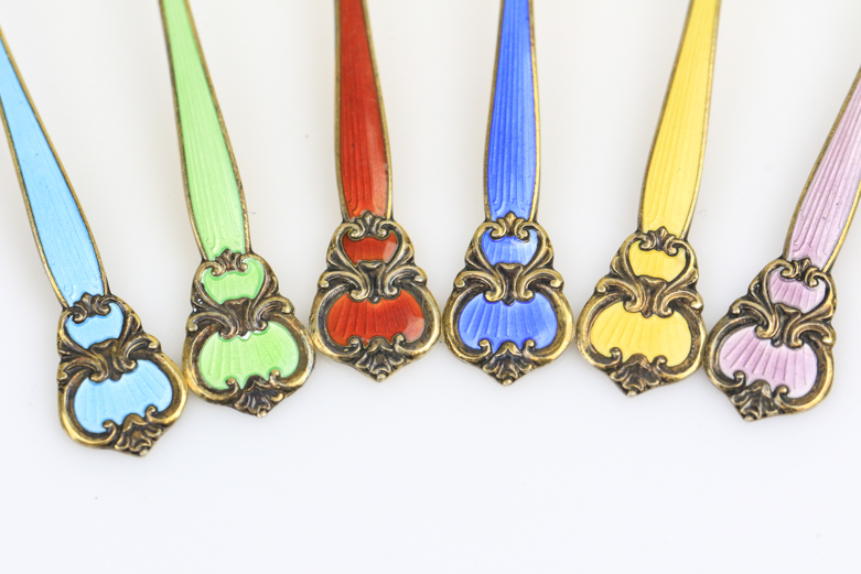 Set of Vintage Vermeil and Enamel Demitasse Spoons and Tongs