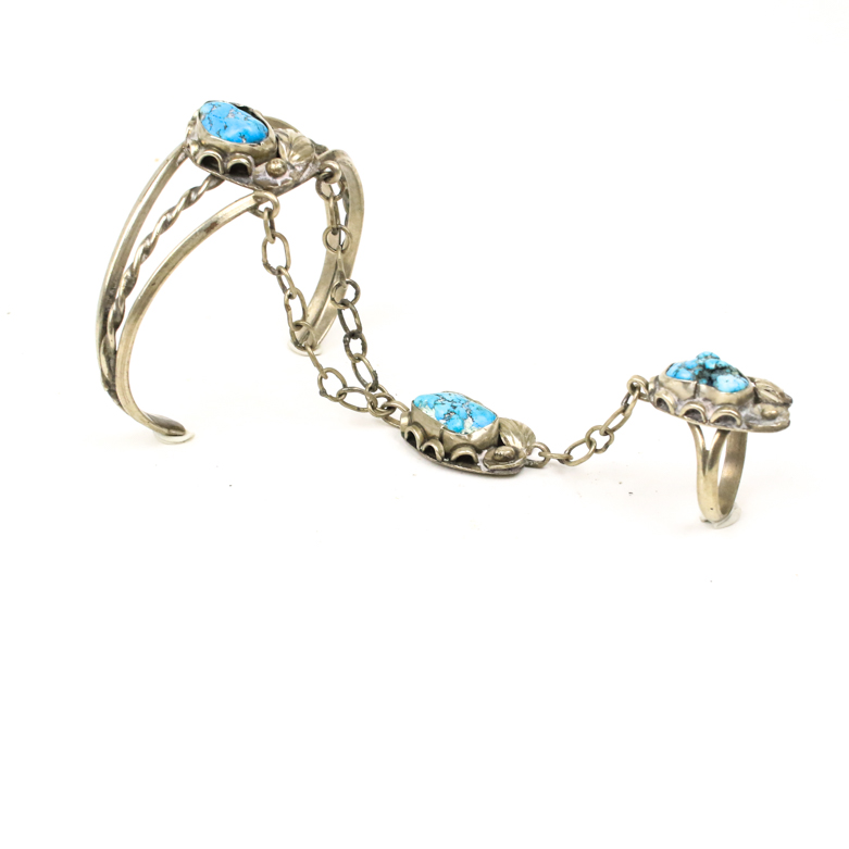 Silver Tone and Dyed Howlite Split Cuff Slave Bracelet Ring