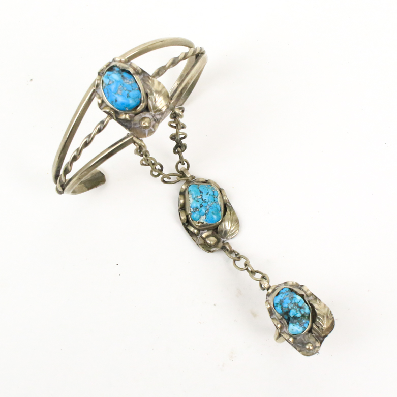 Silver Tone and Dyed Howlite Split Cuff Slave Bracelet Ring