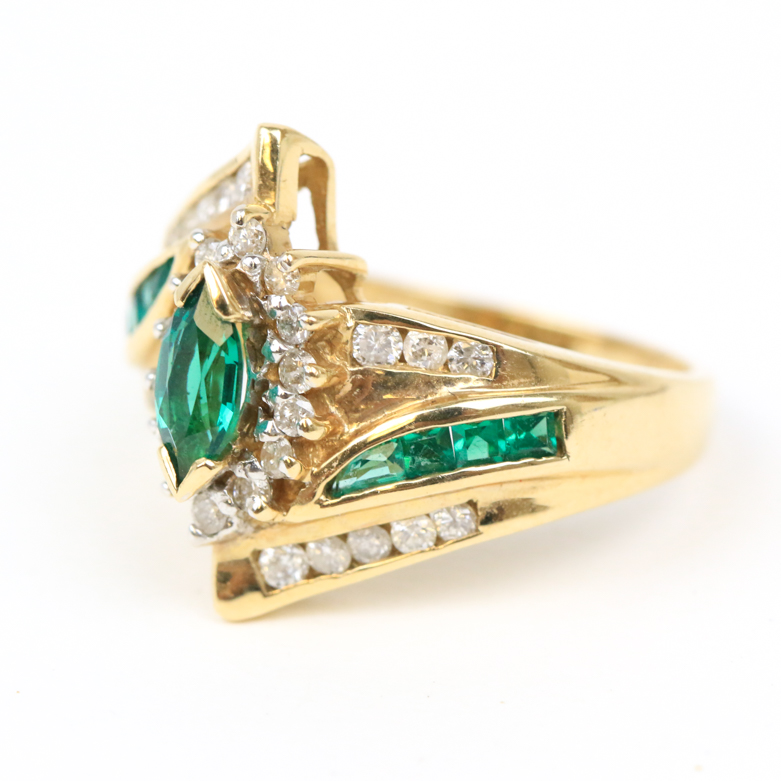 14K Yellow Gold, Synthetic Emerald, and Diamond Bypass Ring