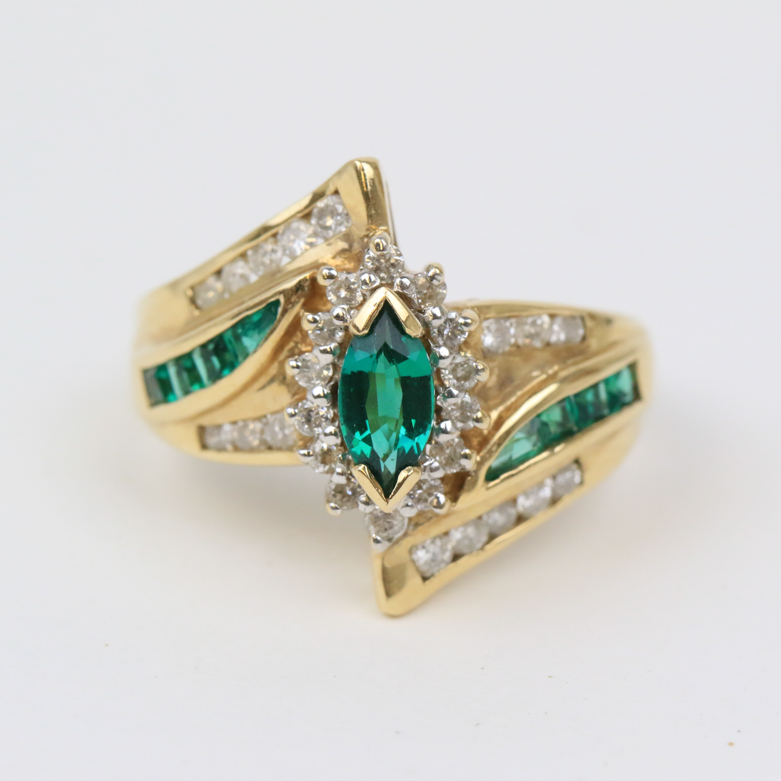 14K Yellow Gold, Synthetic Emerald, and Diamond Bypass Ring