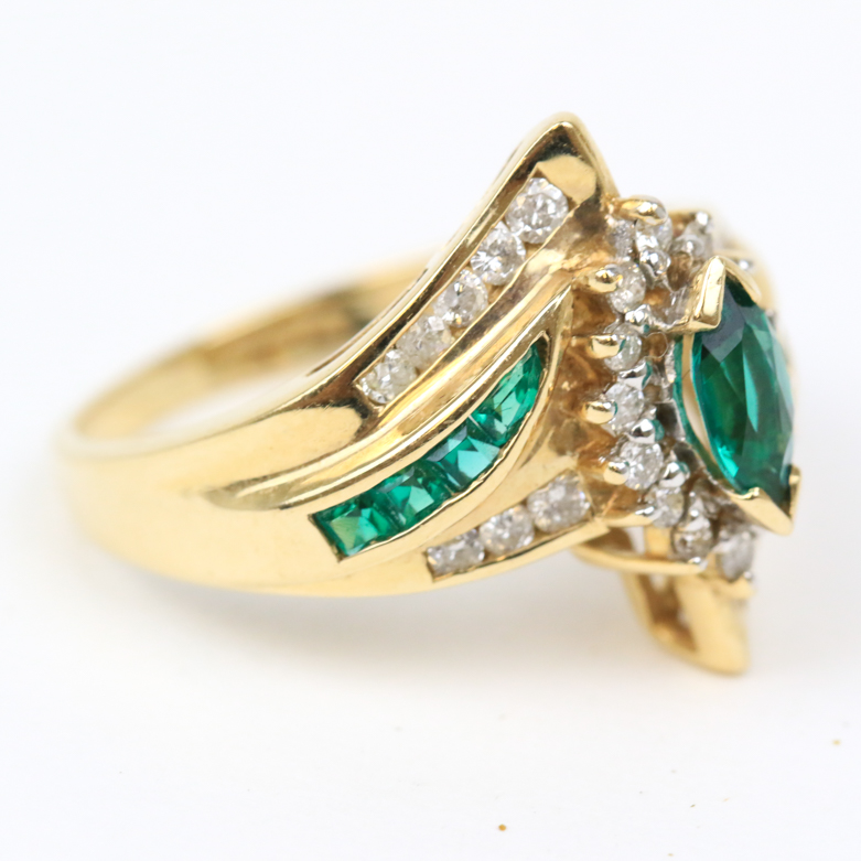 14K Yellow Gold, Synthetic Emerald, and Diamond Bypass Ring