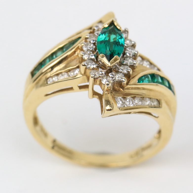 14K Yellow Gold, Synthetic Emerald, and Diamond Bypass Ring