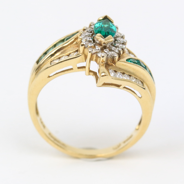 14K Yellow Gold, Synthetic Emerald, and Diamond Bypass Ring