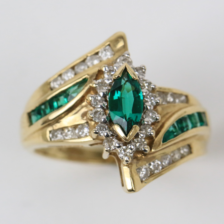 14K Yellow Gold, Synthetic Emerald, and Diamond Bypass Ring