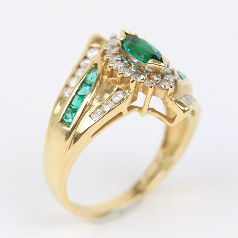 14K Yellow Gold, Synthetic Emerald, and Diamond Bypass Ring