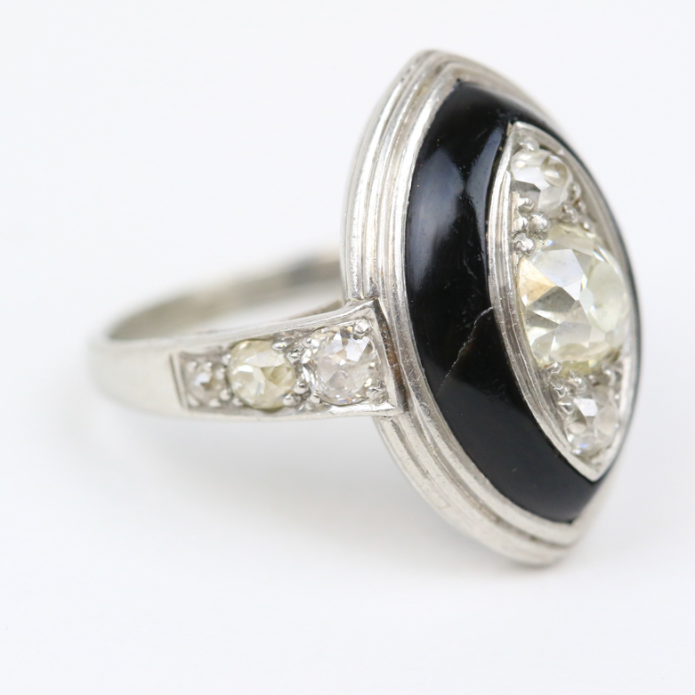Art Deco Platinum, 1.21 CTW Old Mine Cut Diamond and Onyx  Ring
