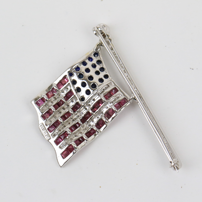 14K White Gold, Sapphire, and 2.10 CTW Ruby American Flag Pin