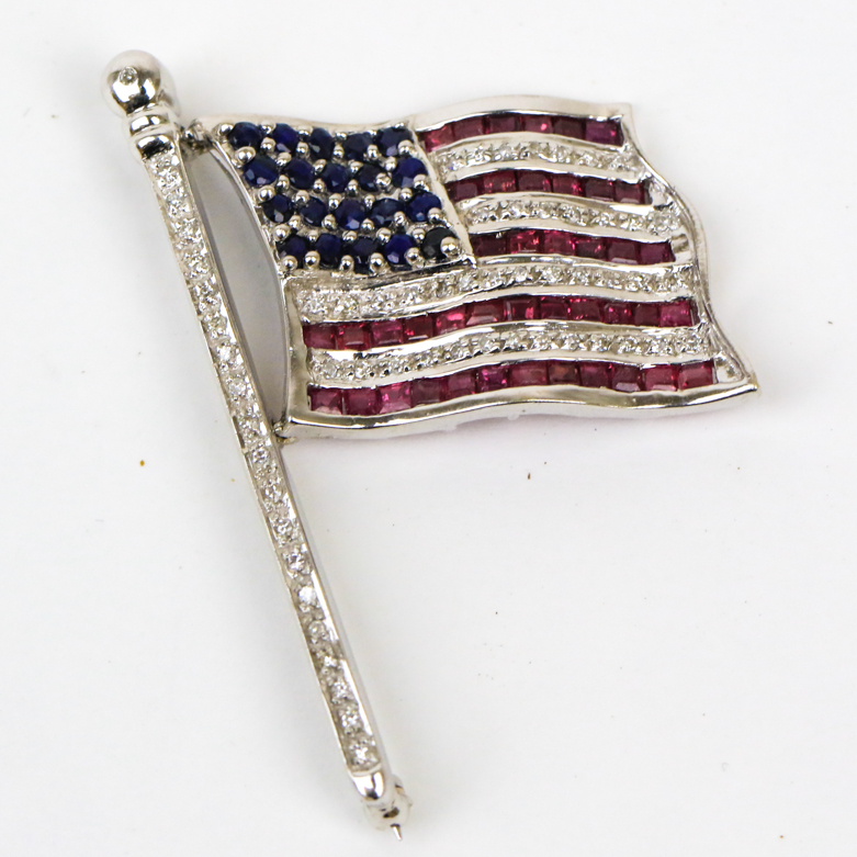 14K White Gold, Sapphire, and 2.10 CTW Ruby American Flag Pin