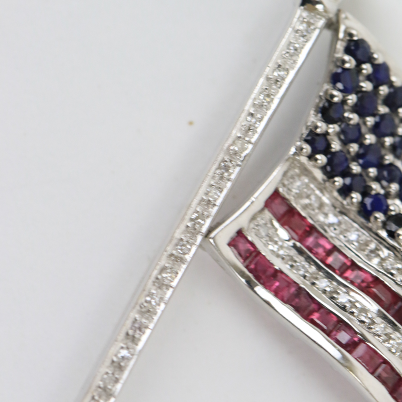 14K White Gold, Sapphire, and 2.10 CTW Ruby American Flag Pin