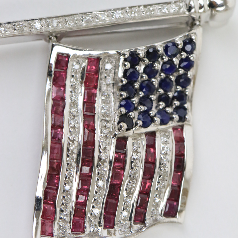 14K White Gold, Sapphire, and 2.10 CTW Ruby American Flag Pin